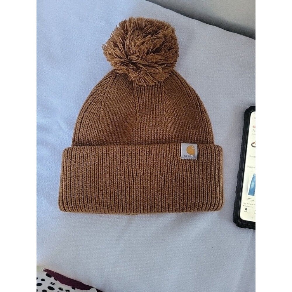 Carhartt Women’s Knit Pom-Pom Cuffed Beanie Rust Brown - Picture 5 of 6
